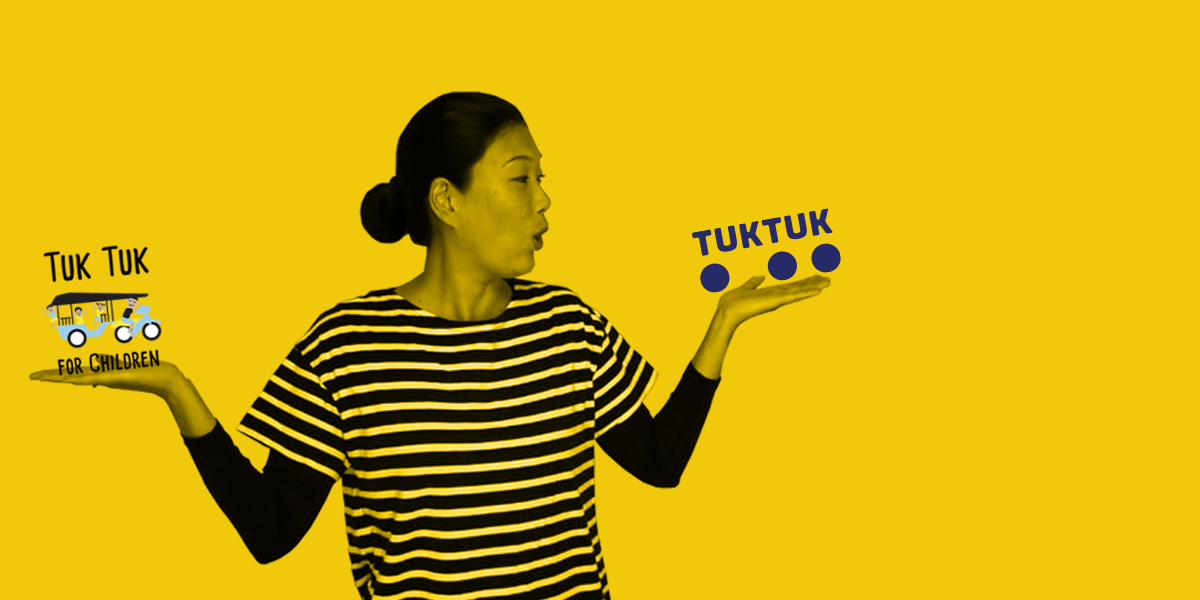 Relaunch cover showing a woman in a striped top weighing the old tuk-tuk logo against the new TukTuk dots logo