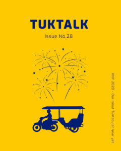 TukTalk Issue No. 28 cover with fireworks above a tuk-tuk silhouette on a yellow background