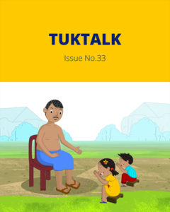 TukTalk Issue No. 33 cover with an illustration of a man sitting on a chair beside two children
