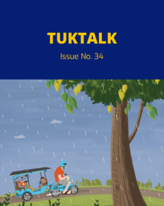 TukTalk Issue No. 34 cover showing a person riding a tuk-tuk beneath a tree in the rain