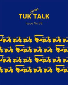 TukTalk Christmas Issue No. 38 cover with rows of yellow tuk-tuks on a navy background