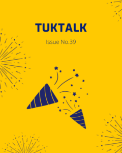 TukTalk Issue No. 39 cover with a party popper and fireworks on a yellow background