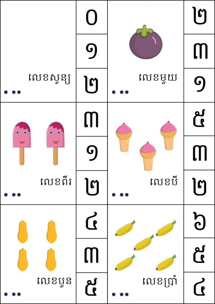 Khmer numbers card activity matching counted pictures of ice creams and bananas to numerals