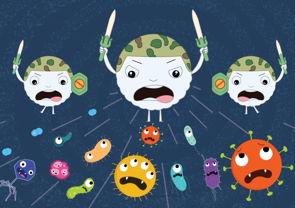Illustration from Teeny Tiny Monsters: an army of germs in helmets holding forks and knives