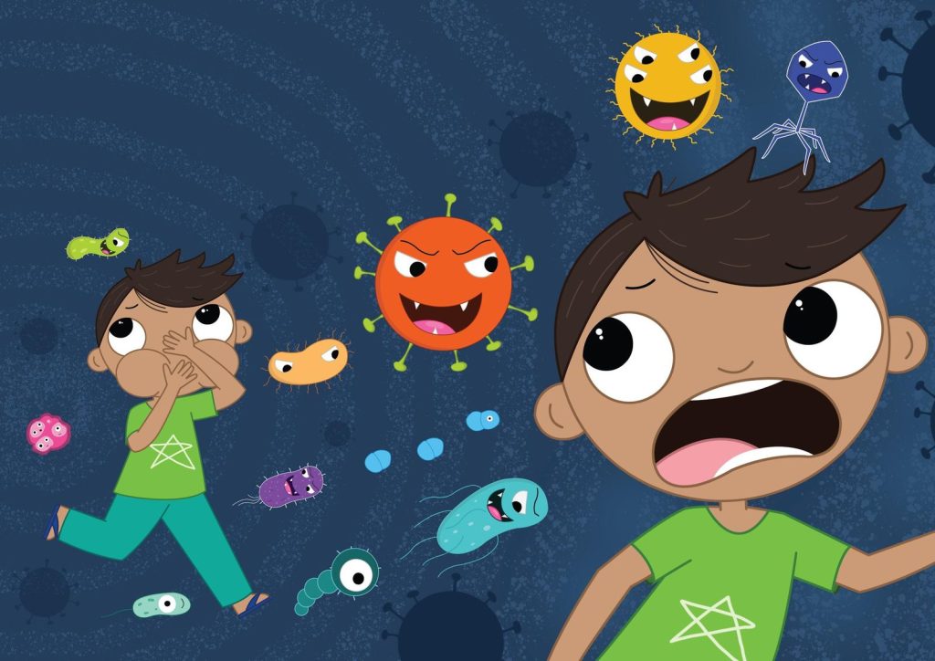 Illustration from Teeny Tiny Monsters: two children run from colourful cartoon germs