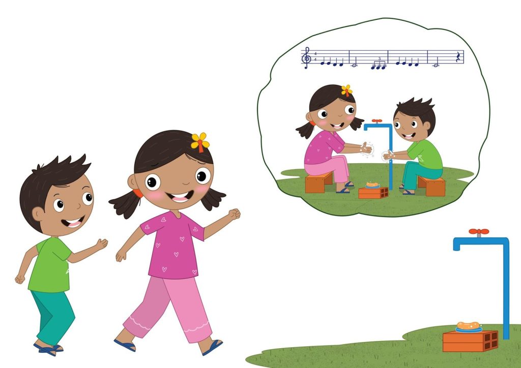 Illustration from Teeny Tiny Monsters: two children walk to a tap to wash their hands