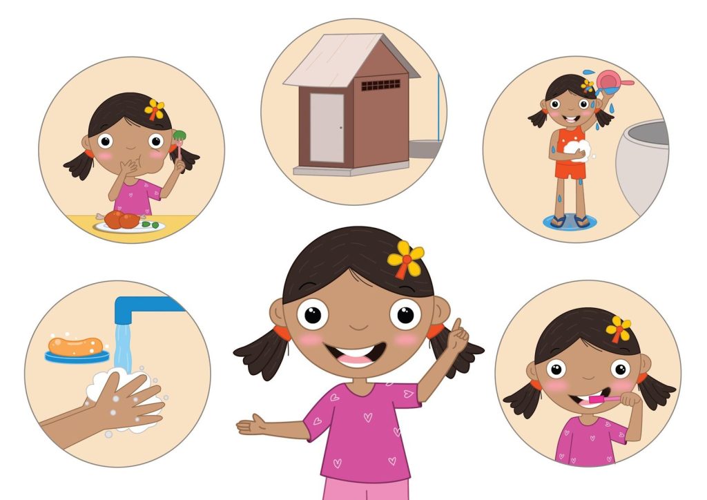 Illustrated characters from Teeny Tiny Monsters showing a girl, a latrine and washing hands with soap