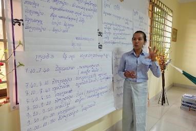 A teacher stands beside a wall of flip chart paper and explains a daily lesson schedule