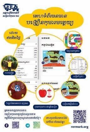 A Khmer poster explaining how to search the Digital Library website, with icons and a QR code