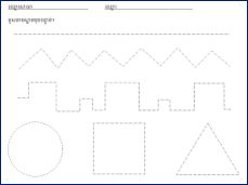 Pre-writing worksheet with dotted zigzag lines and a circle, square and triangle for tracing