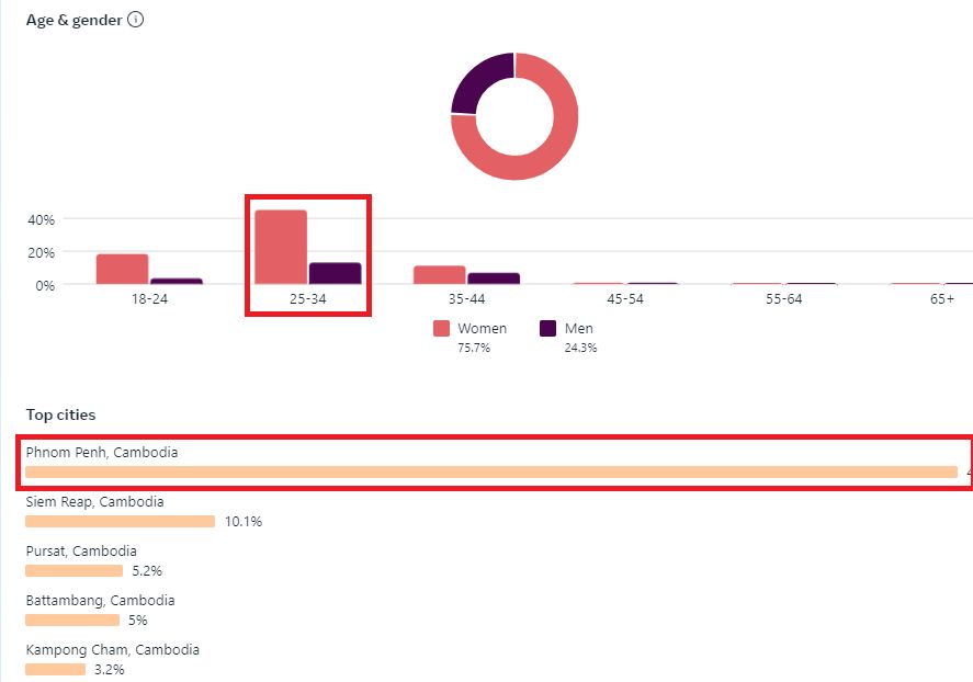 Facebook follower breakdown: mostly women, ages 25 to 34 the largest group, and Phnom Penh the top city