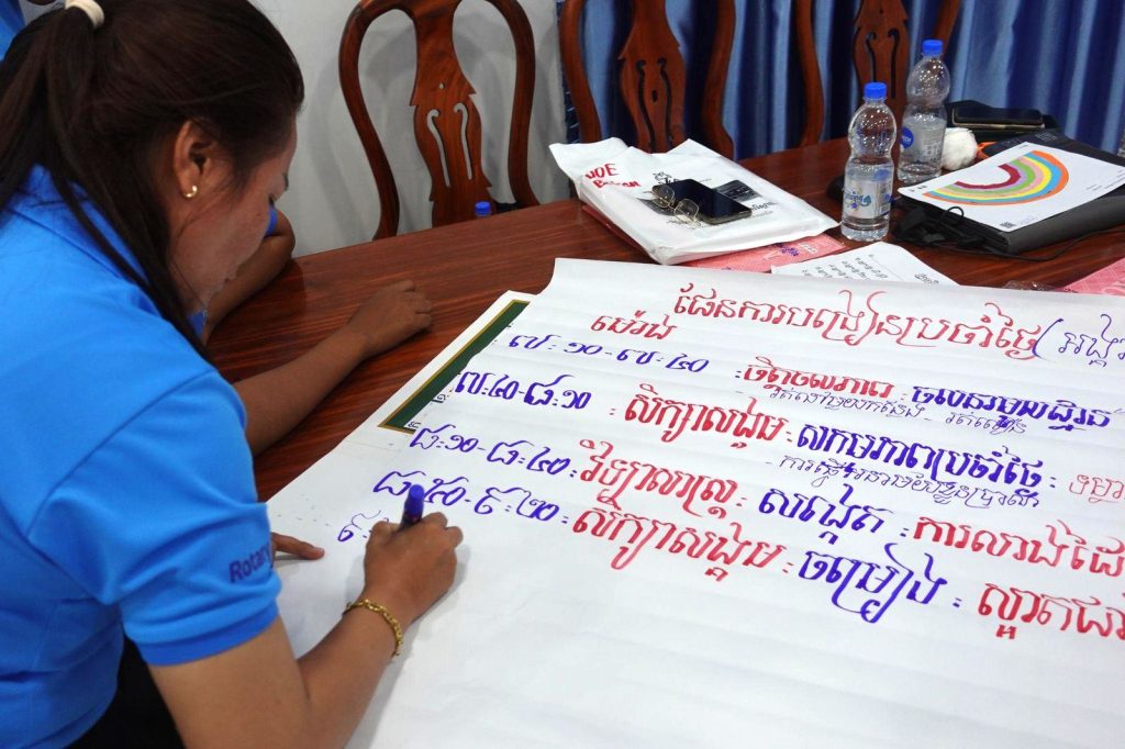A teacher writes a lesson plan in colored marker on a large sheet of paper