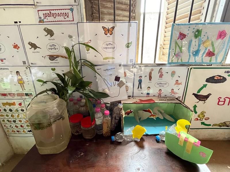 A classroom shelf of decorative teaching tools with a plant, a butterfly poster and a handmade green model