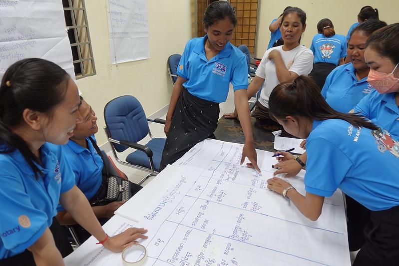 Teachers gather around a large sheet of paper to write a weekly lesson plan together