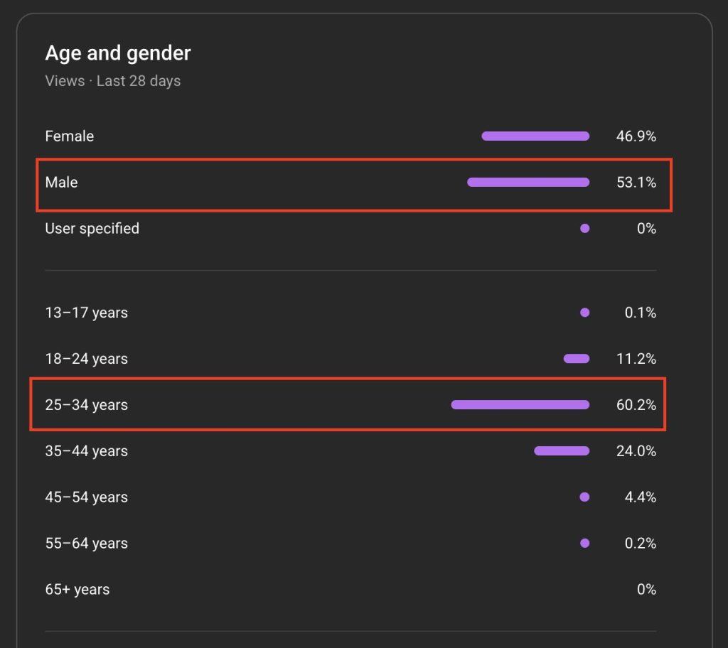 YouTube audience chart showing 53.1 percent male viewers and 60.2 percent aged 25 to 34 over the last 28 days