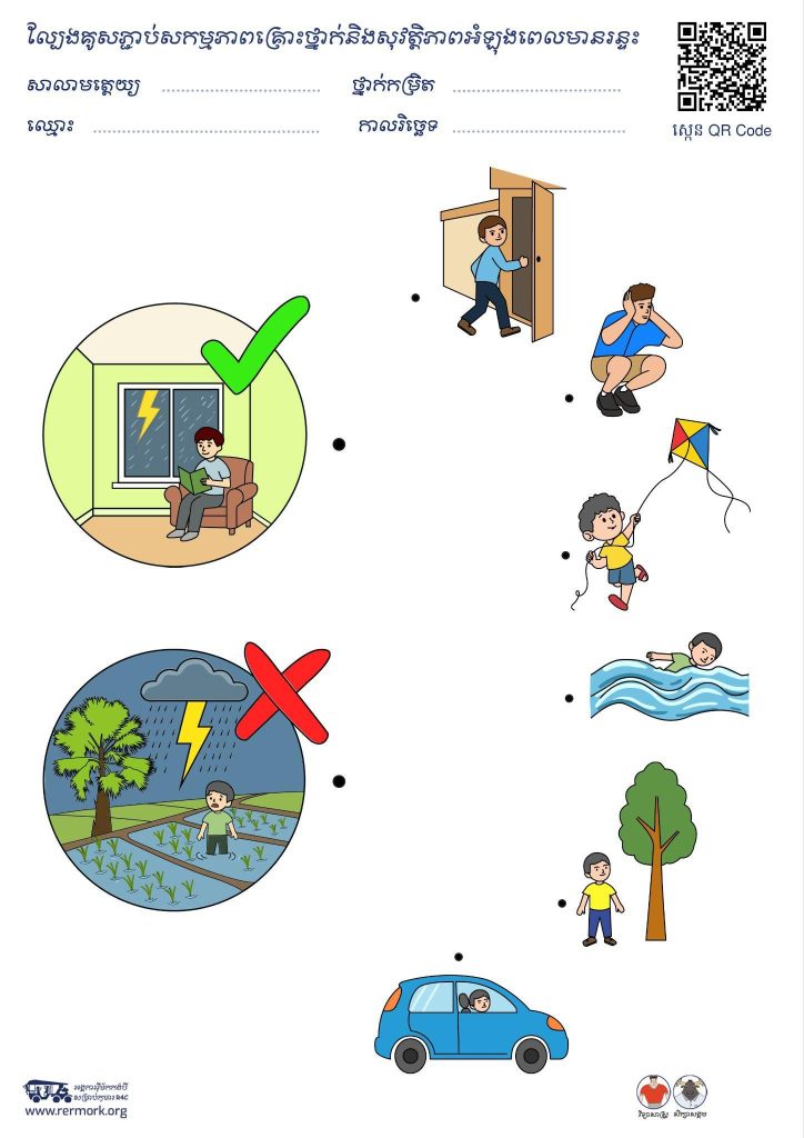 Lightning protection worksheet with pictures of a safe room, a stormy field and everyday places to match