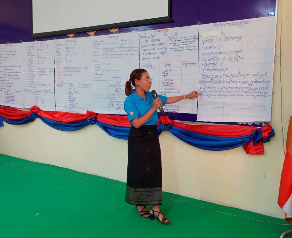 A teacher in a blue shirt speaks into a microphone and points at large sheets of notes on a wall.