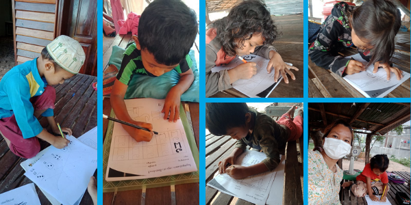 Collage: children in Pursat complete TukTuk worksheets at home with pencils during school closures