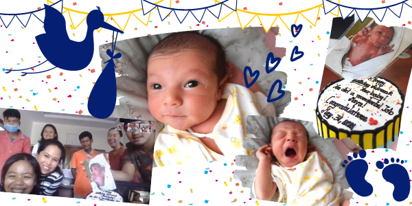 Collage of newborn baby photos and a birthday cake as the TukTuk team celebrates the new arrival