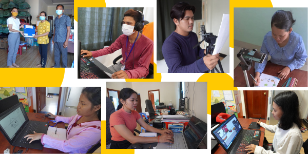 Collage: TukTuk staff work at laptops, record videos and hand over materials while teaching moves online