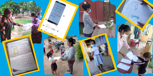 Collage: teachers and parents in Pursat collect and share TukTuk worksheets while schools remain closed