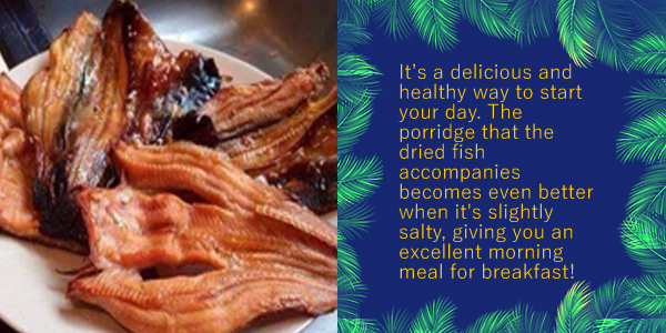 Grilled dried fish, the Khmer food of the month Trei Ngeat, with a note that it makes a good breakfast