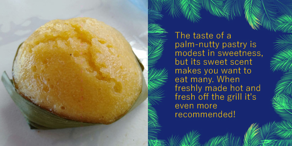 A steamed palm cake in a banana leaf, the Khmer food of the month Nom Tnaot, with a short description