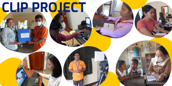CLIP Project collage: TukTuk staff and teachers work at computers, hand over a blue folder and study worksheets
