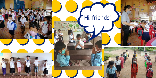 Collage: masked children sit in classrooms, line up outside and take worksheets as schools reopen