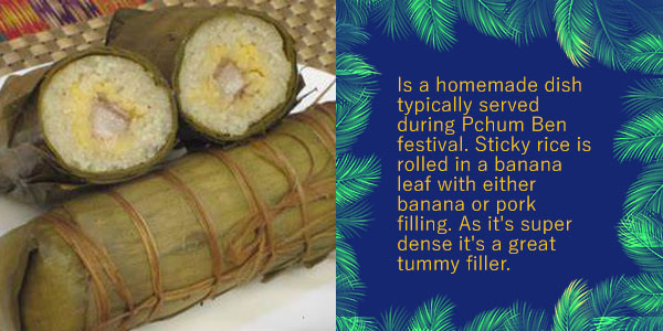 Sticky rice rolled in banana leaf, the Khmer festival food Num Ansom, with a note that it is very filling