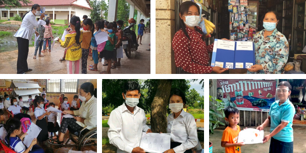 Collage: teachers and parents receive blue folders and worksheets from TukTuk staff at schools