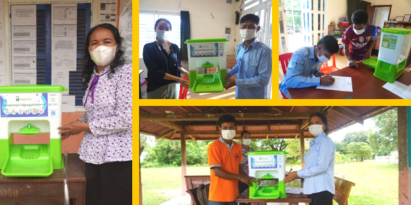 Collage: Happy Tap hand wash stands are handed over to teachers and installed at partner kindergartens