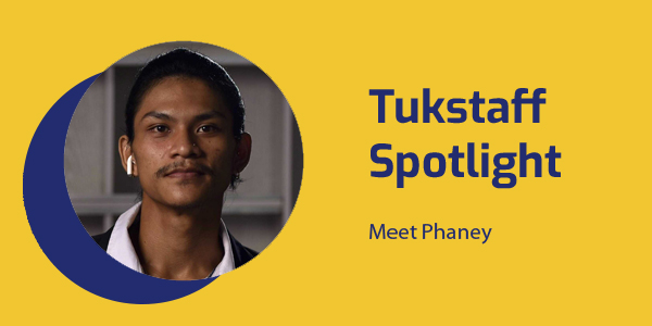 Tukstaff Spotlight banner with a portrait of TukTuk staff member Phan Ey