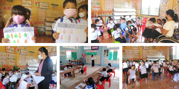 Collage: children in school uniform sit in kindergarten classrooms and show worksheets as schools reopen