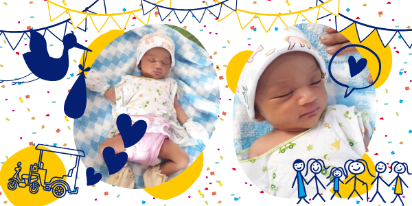 Collage of two newborn babies with stork and TukTuk illustrations, welcoming the third baby of 2021 to the Tukfamily