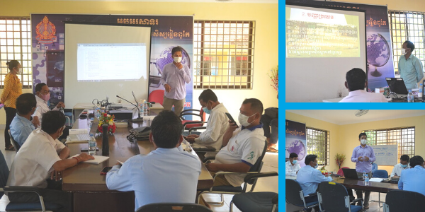 Collage: education officials and school principals attend a face-to-face meeting with a presentation in Pursat