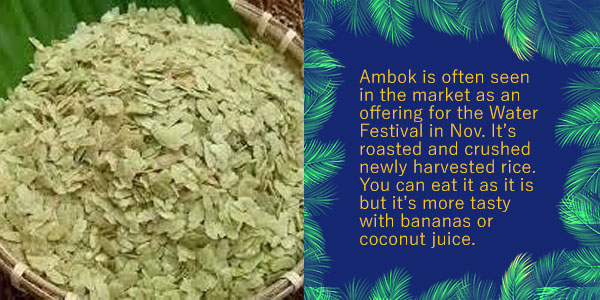 Roasted rice flakes in a basket, the Khmer food of the month Ambok, and how it is eaten