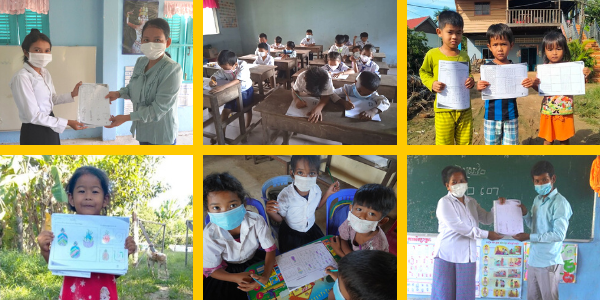 Collage: preschool children show their worksheets at home and in class while teachers hand worksheets out