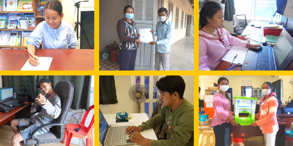 Collage: TukTuk staff write materials, hand over folders and work at computers to create teaching resources