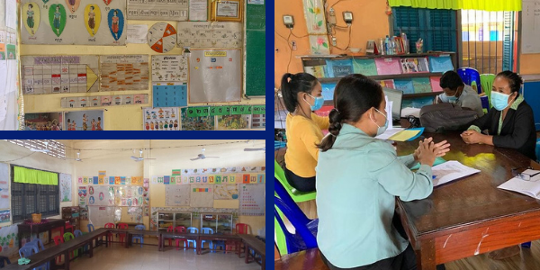 Collage: a tidy kindergarten classroom and a TukTuk staff member talking with teachers at a reading corner