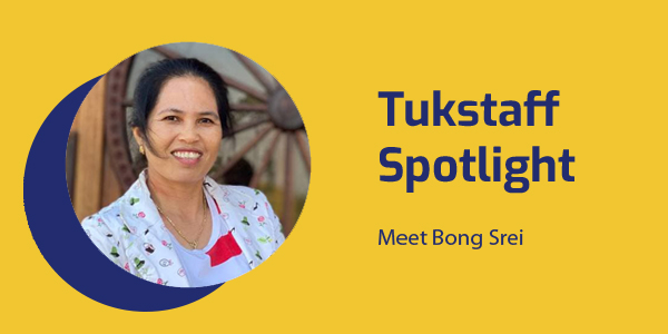 Tukstaff Spotlight banner with a smiling portrait of TukTuk staff member Bong Srei