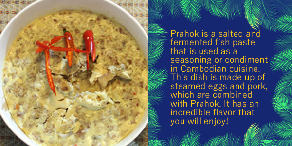 Steamed prahok with eggs and pork topped with red chilli, the Khmer food of the month Prahok Chamhoy