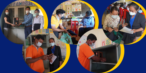 Collage: TukTuk staff and teachers hand over teaching material cabinets and speakers to partner schools