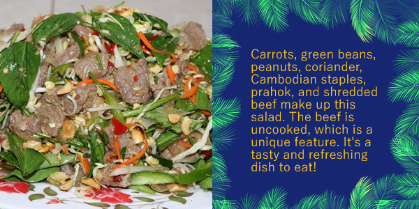 Cambodian grilled beef salad with carrots, green beans and herbs, the Khmer food of the month Plea Sach Ko