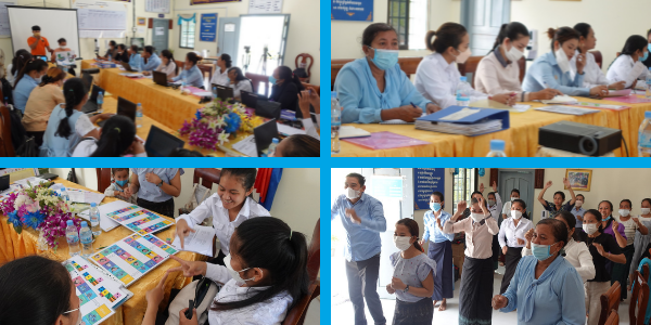 Collage: teachers sit at workshop tables with laptops and worksheets while TukTuk staff present at the first workshop