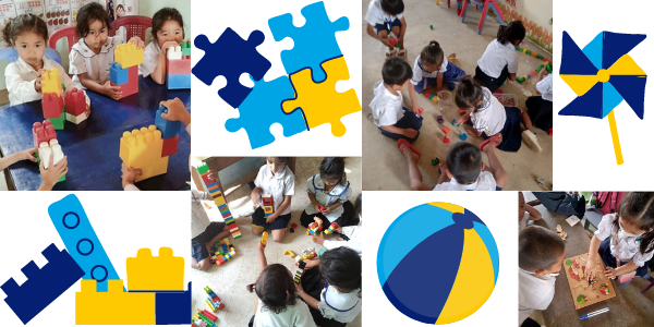 Collage: preschool children play with building blocks, puzzles and toys from the mobile library project