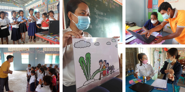 Collage: TukTuk staff visit teachers to tell the turnip story, practise laptop skills and watch classroom activities