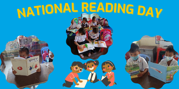 National Reading Day graphic with photos of preschool children reading picture books at school