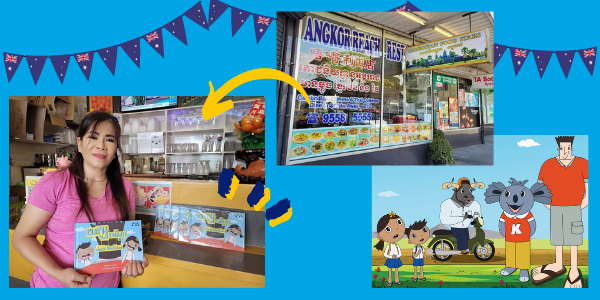 Collage: a woman holds the TukTuk book Jack the Giant at Angkor Reach Restaurant in Melbourne beside the book characters
