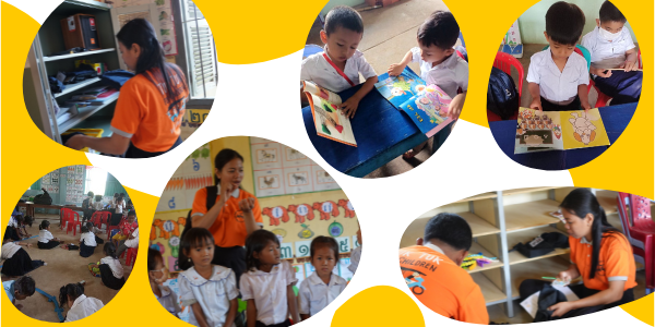Collage: TukTuk staff set up toys and children read picture books during the second mobile library visit